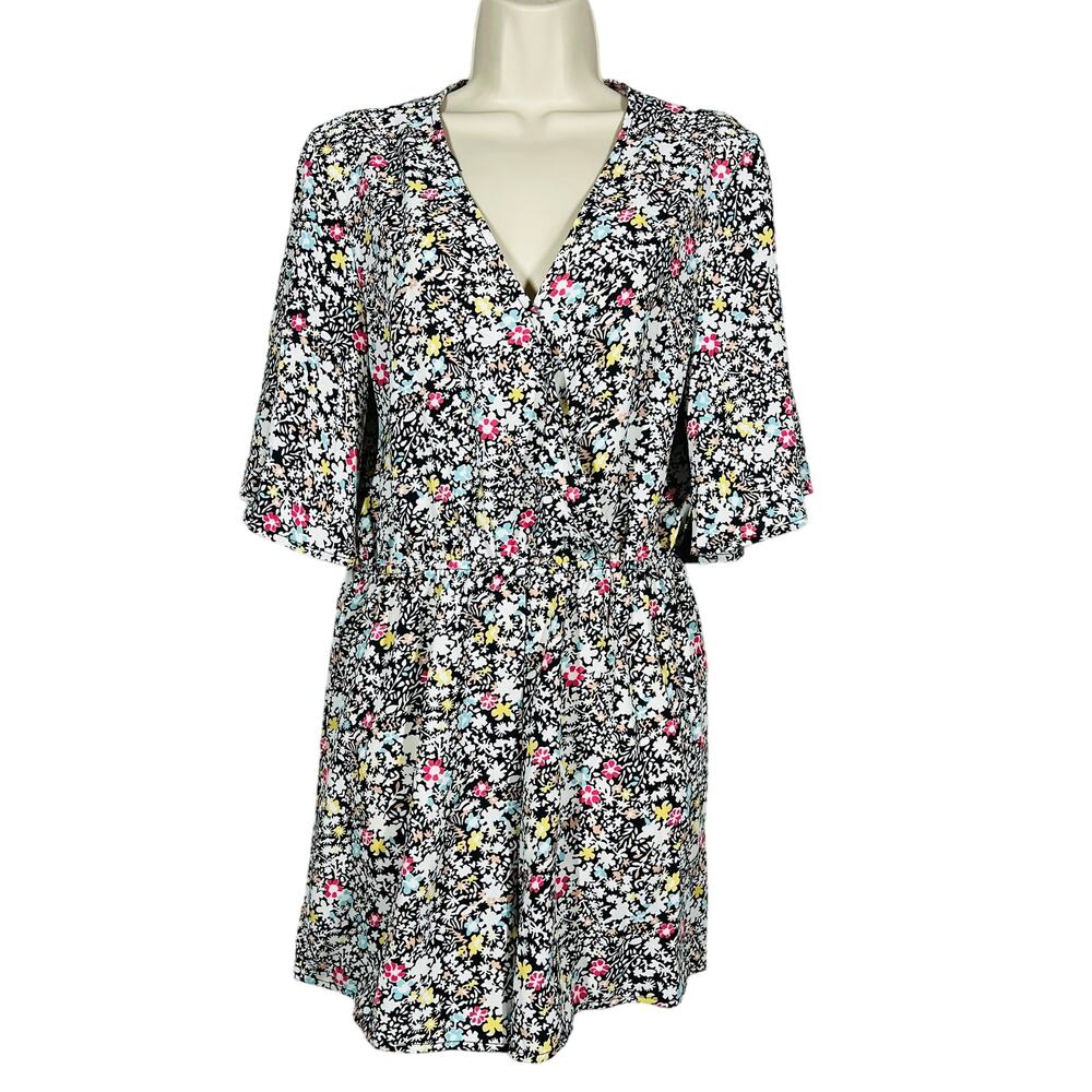 Floral Print Romper Short Sleeve Mini V Neck Blue White - M